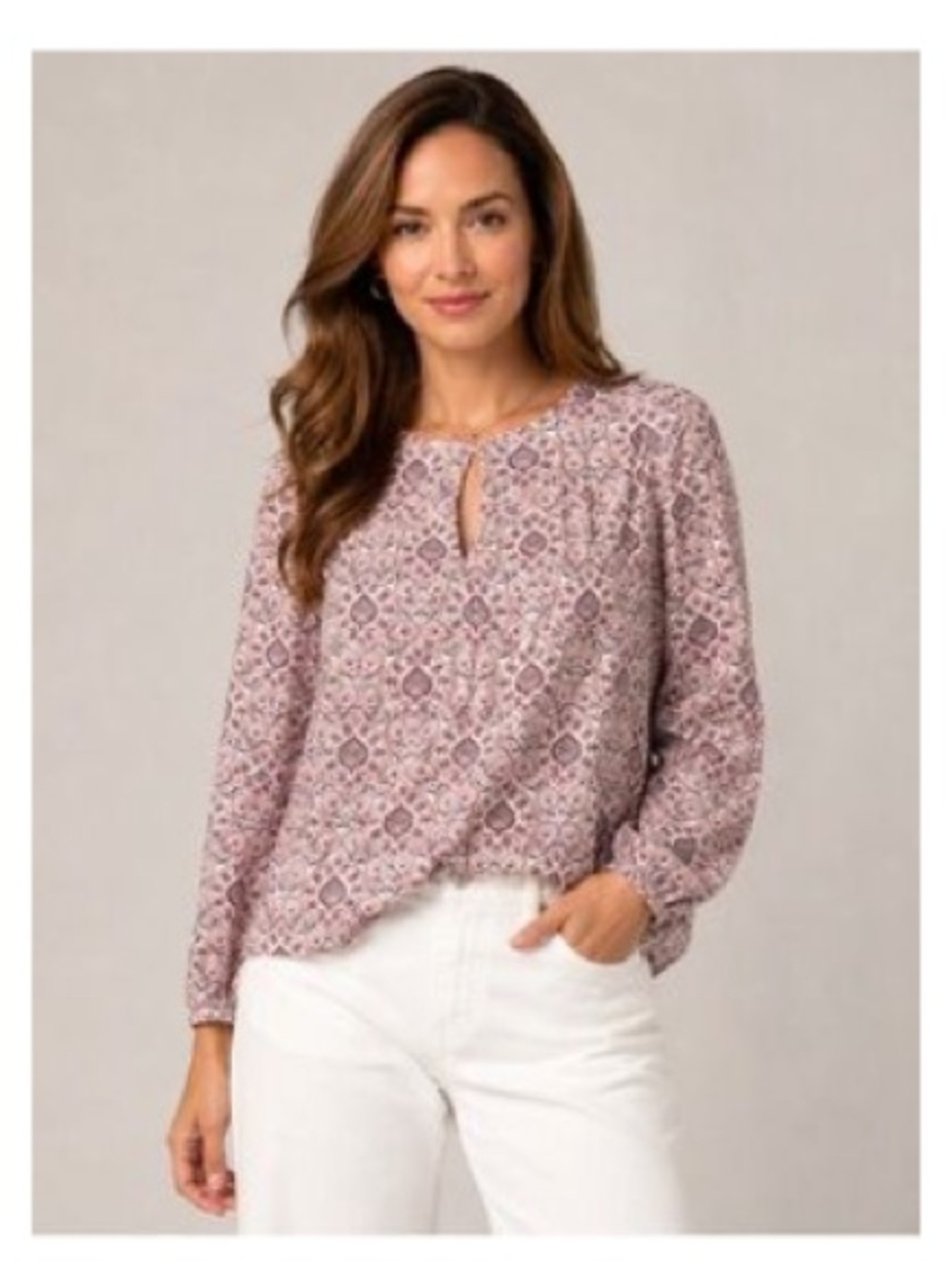 LOFT Pink Printed Long Sleeve Keyhole Blouse